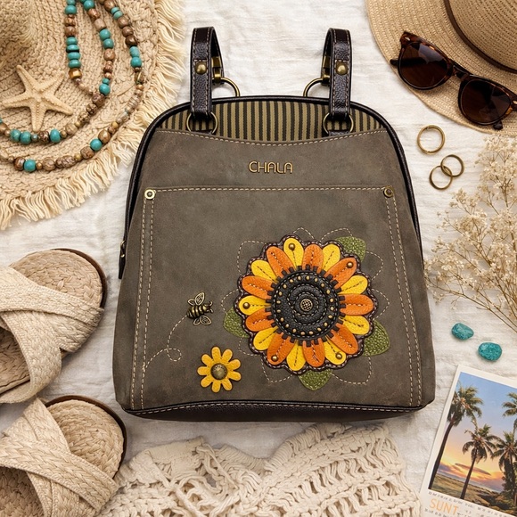 Sunflower Bee Mini Backpack Chala Brown Boho Vegan Leather Convertible Bag - Picture 2 of 12